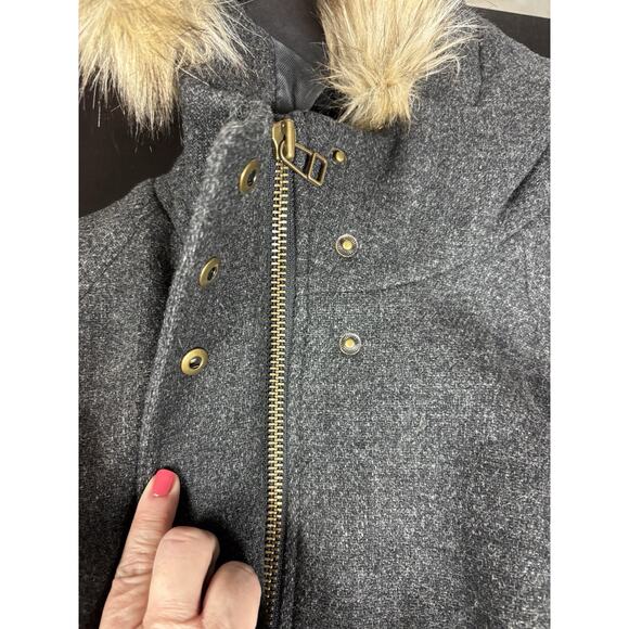 Madewell Vancouver Parka Coat Dark Grey Size XL Wool Blend Faux Fur Hood Pockets - Picture 15 of 16